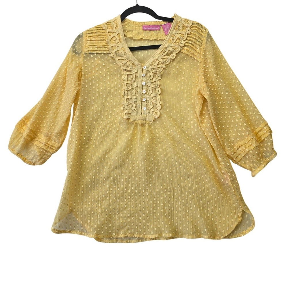 Woman Within Yellow Swiss Dot Crochet Lace V-Neck Blouse Top Size